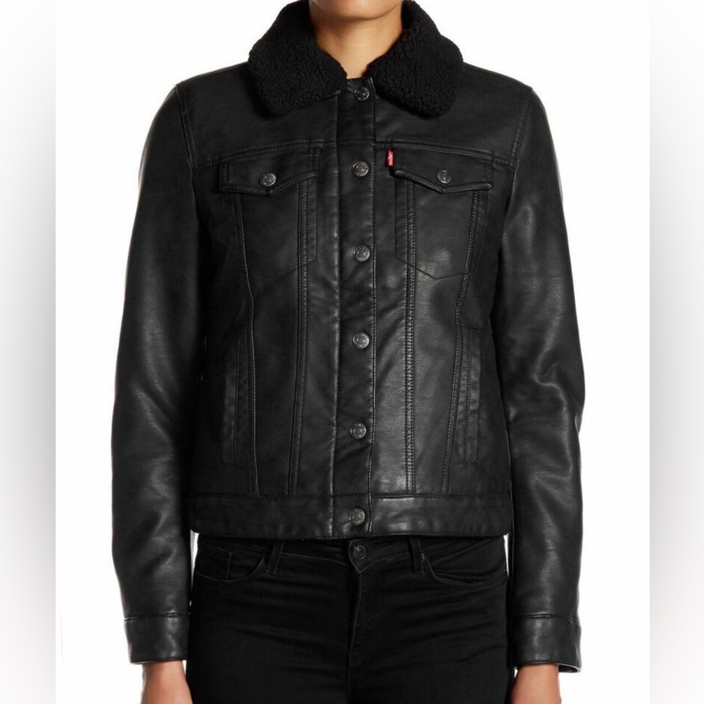 Levi's Black Faux Leather Sherpa Collar Jacket